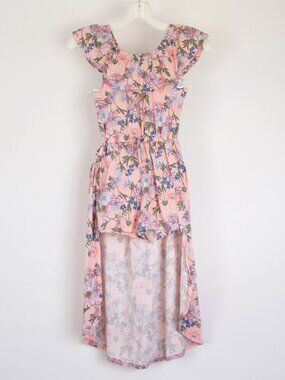 Btween Girls Size 8 Pink Floral High-Low Romper Dress Ruffle Off-Shoulder Boho